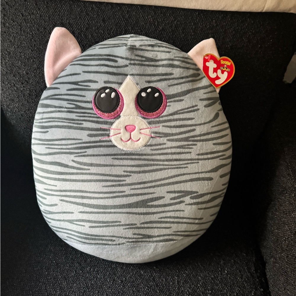 TY SQUISH A BOO KIKI CAT GREY STRIPPED CHUBBY PILLOW PLUSH NWT